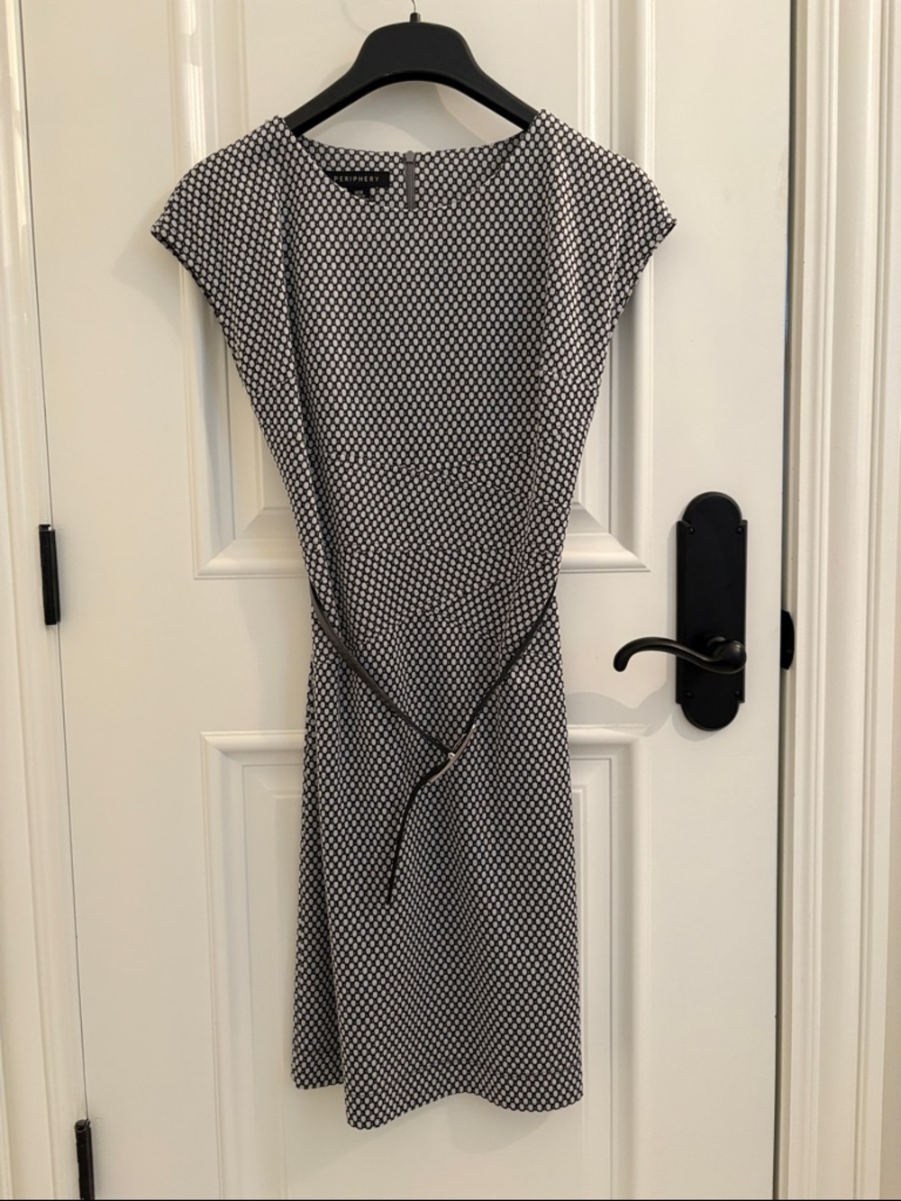 Classic Black and White Dot-Print Midi Dress with Self-Tie Waist
